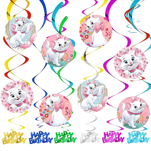 Marie Pre-Strung Cat Party Decorations Hanging Swirl Sign Whirls Birthday Streamer Ceiling Decor Supplies 14 pcs