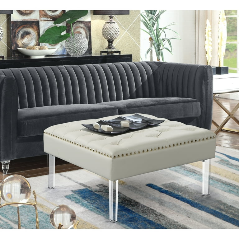Marie Square Ottoman Center Table Button Tufted PU Leather Upholstered Acrylic Legs
