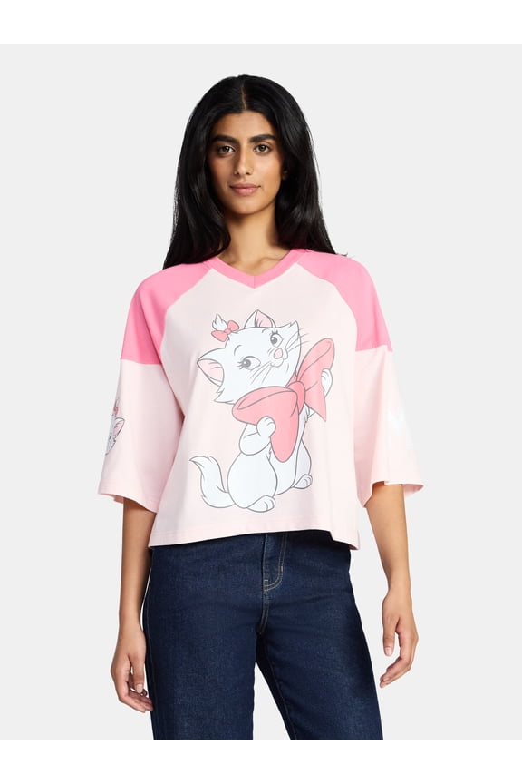 Marie the Cat Women's Varsity Graphic Tee with Elbow Sleeves, Sizes XXS-XXL