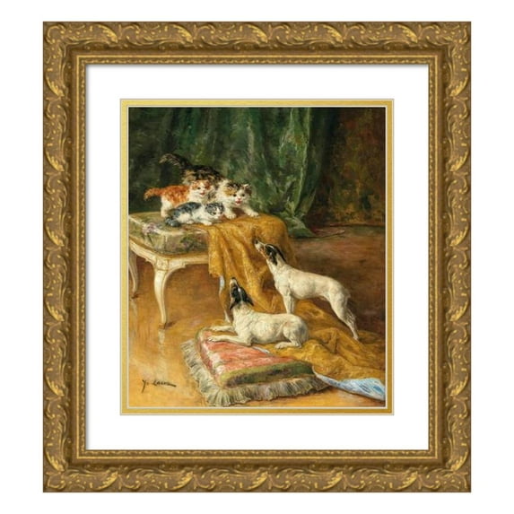 Marie-Yvonne Laur 20x23 Gold Ornate Framed and Double Matted Museum Art Print Titled - Two Jack Russells and Three Kittens