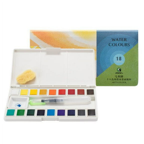 Marie's Artist Sketch & Go Watercolor Paint Set - Travel Friendly for Plein Aire or Studio - Includes a Palette Box with Mixing Area, Water Brush Pen, Natural Sponge - 18 Half Pans; Assorted Colors
