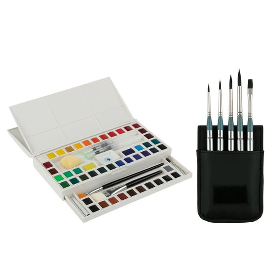 Marie's Artist Watercolor Paint Set - Professional Plein Aire Kit High Pigment & Brushes for Artsits, Painters, Students, & More! - 48 Half Pans Assorted Colors w/ Mimik Pocket Brush Set