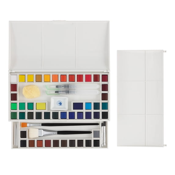 Marie's Artist Watercolor Paint Set - Professional Plein Aire Kit High Pigment & Brushes for Artsits, Painters, Students, & More! - 48 Half Pans Assorted Colors