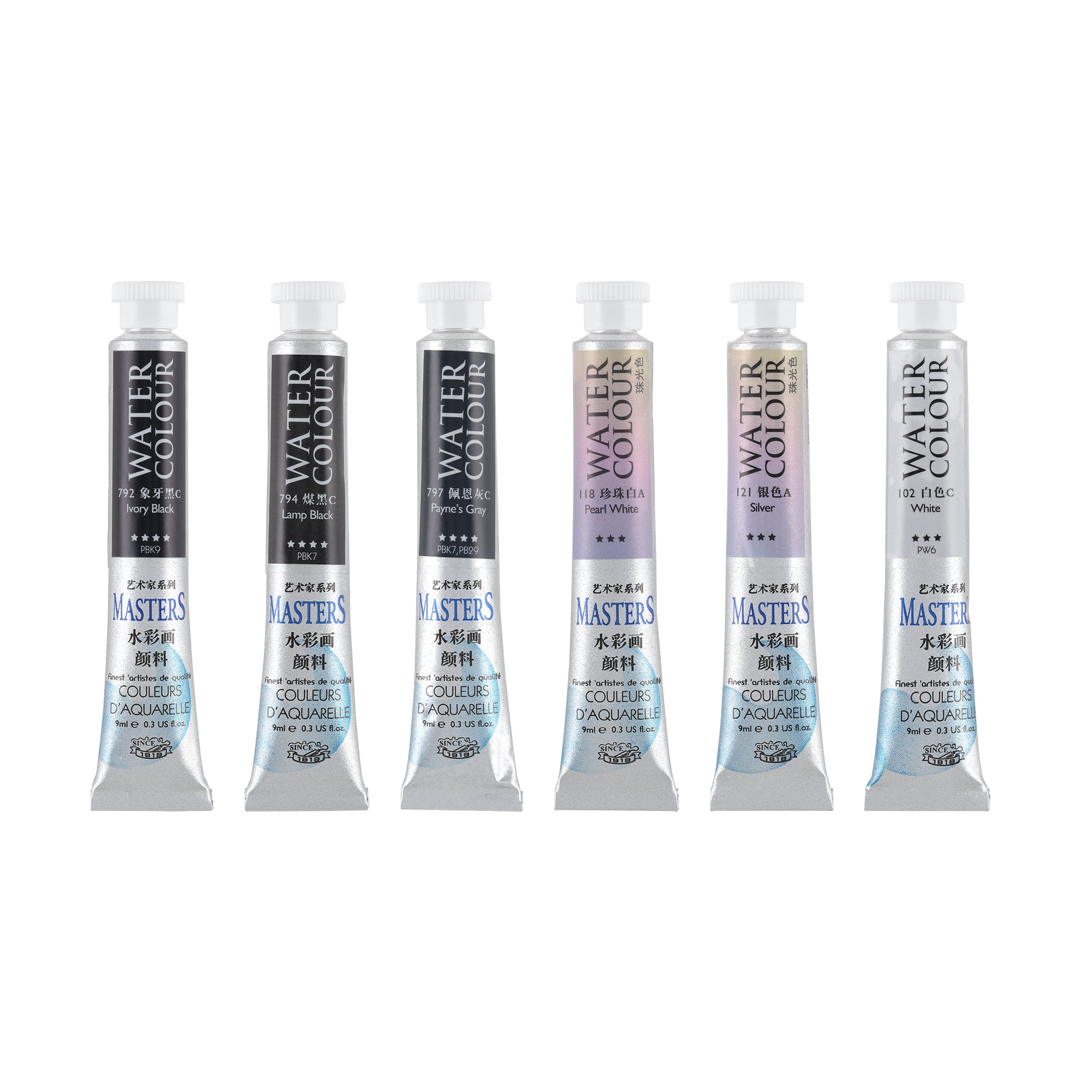 Marie's Masters Quality Watercolor Paint - Grayscale, 9 mL (Set of 6 ...
