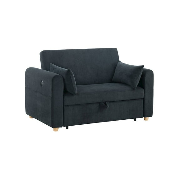 Lilola Home 55"W Black Corduroy Convertible Sleeper Loveseat with USB Ports