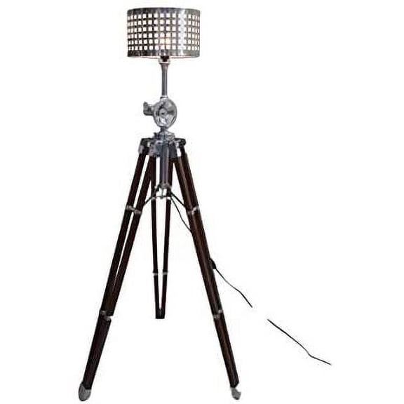 Marien Royal Nautical Design Heavy Brown Wood Tripod Floor Lamp With Chrome Shade