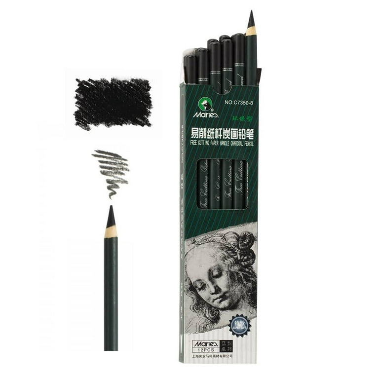 Maries Artist Charcoal Pencil 12 Piece Set, Extra-Soft Black Paper Handle  Charcoal Pencils for Drawing and Sketching