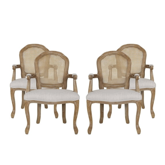 Mariette French Country Wood and Cane Upholstered Dining Chair, Set of 4, Light Gray and Natural