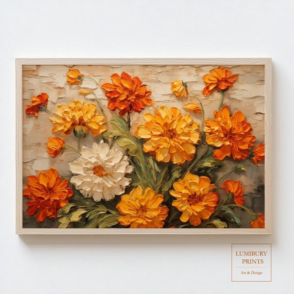 Marigold Decor Flower Wall Art, Fall Flower Print, Rustic Floral Decor, Botanical Prints Wall Decor, Vintage Fall Decor, Home Decor #2012, Unframed Canvas Size 24x36