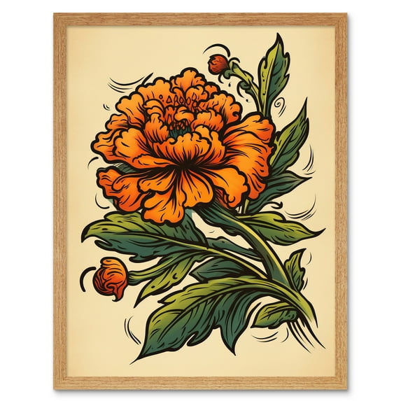Marigold Flower Old School USA Tattoo Ink Body Art Rockabilly Americana 50s Art Print Framed Poster Wall Decor 12x16 inch