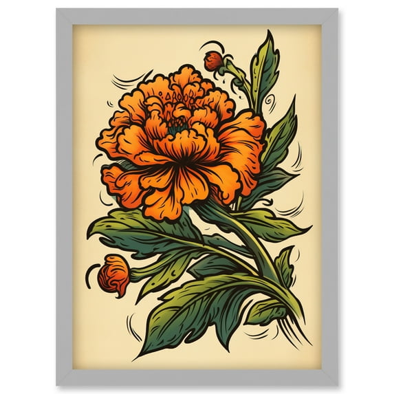 Marigold Flower Old School USA Tattoo Ink Body Art Rockabilly Americana 50s Artwork Framed Wall Art Print A4