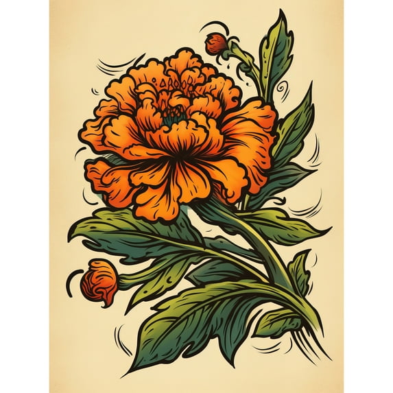 Marigold Flower Old School USA Tattoo Ink Body Art Rockabilly Americana 50s Large Wall Art Poster Print Thick Paper 18X24 Inch