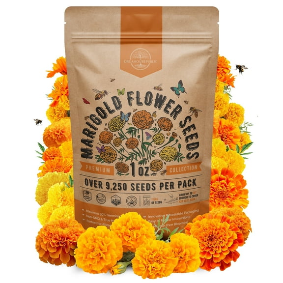 Marigold Flower Seeds Pack 1 oz - Over 9,250 Non-GMO Heirloom Flower Seeds for Planting, Annual Flowers in Individual Seed Packet for Planting Home Garden