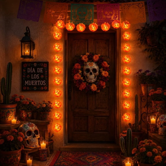 Marigold Flower String Lights, Battery-Powered LED Cempasuchil Garland for Dia de los Muertos, Diwali, Halloween, Fall Party and Altar Decor