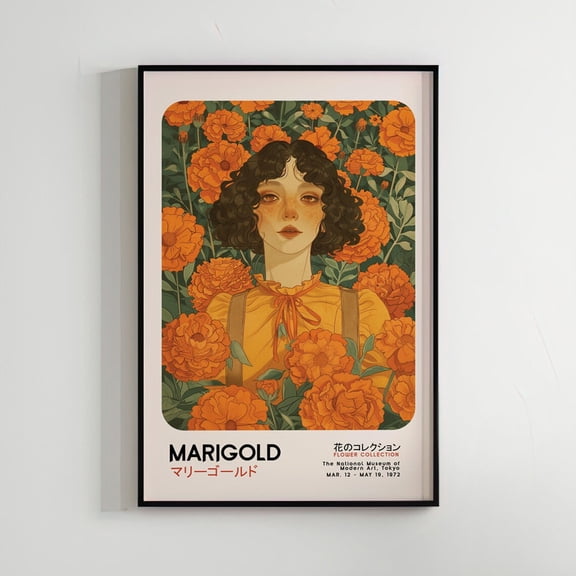 Marigold Flower Vintage Fine Japanese Nature Japanese Wave Inspired Japandi Woodblock Red Dreamy Girl Poster Unframed Paper Print