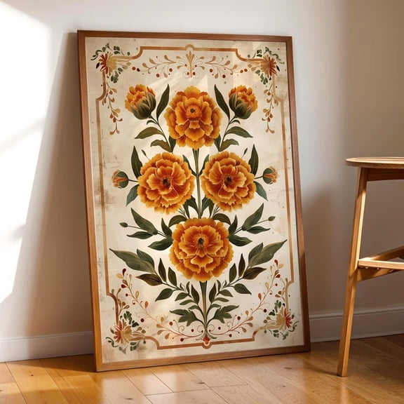 Marigold Folk Papel Picado Style Mexican Floral Decor Dia De Los Muertos Poster Fall Vintage Aesthetic Modern Decor