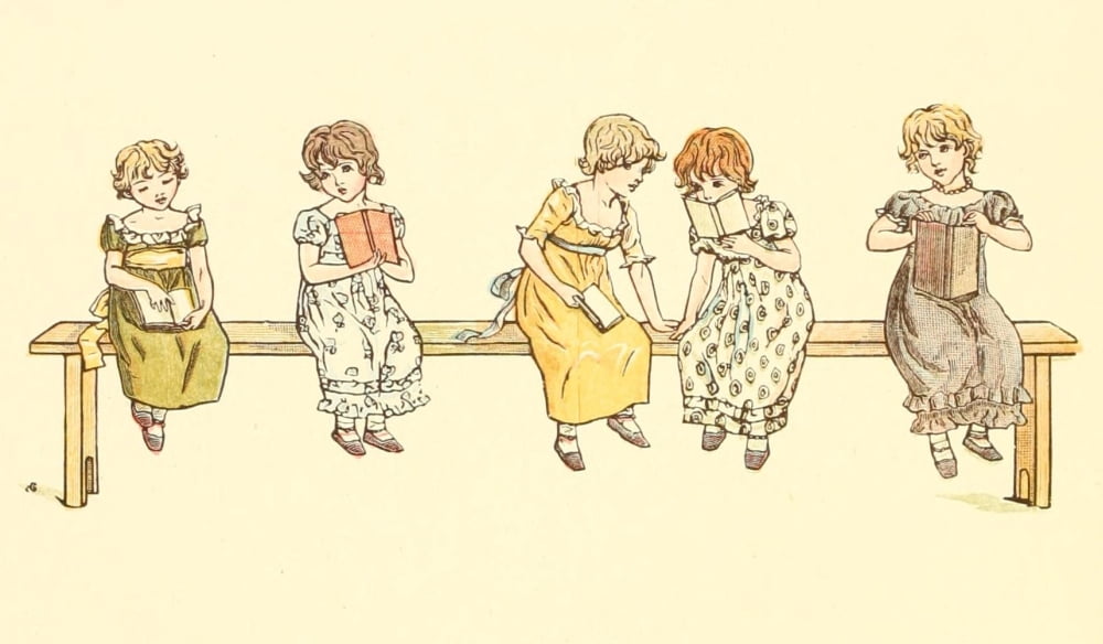Marigold Garden 1900 Five little girls at school Canvas Art - Kate Greenaway (18 x 24)