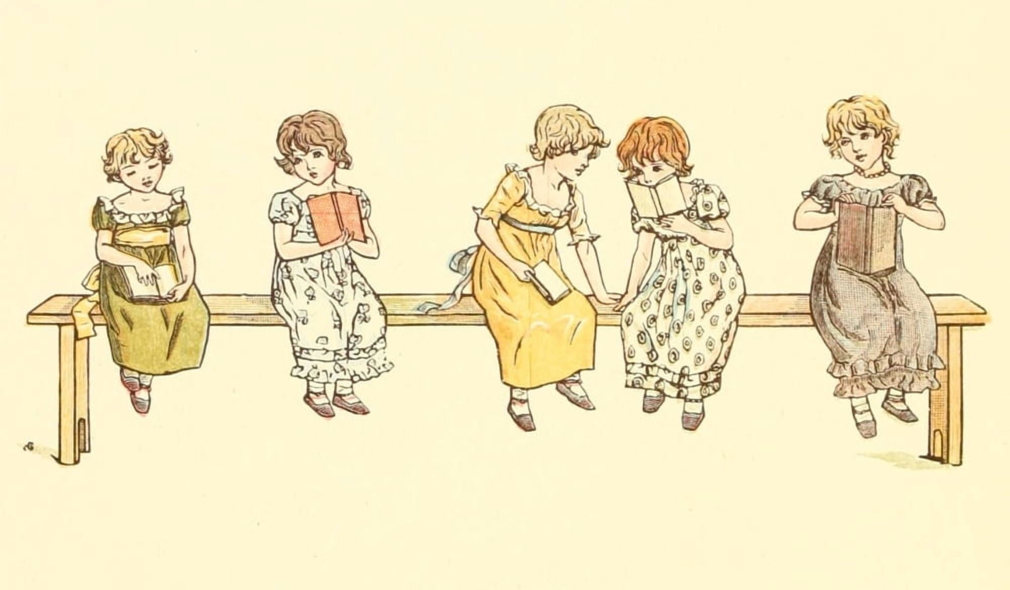 Marigold Garden 1900 Five little girls at school Canvas Art - Kate Greenaway (24 x 36)