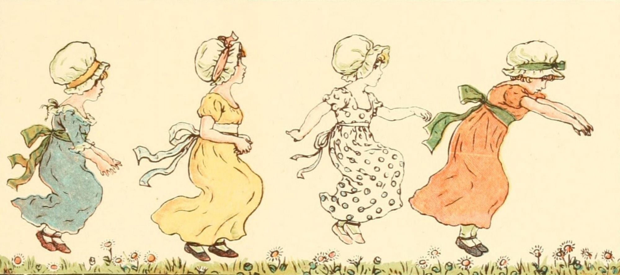 Marigold Garden 1900 Little jumping girls Canvas Art - Kate Greenaway (24 x 36)