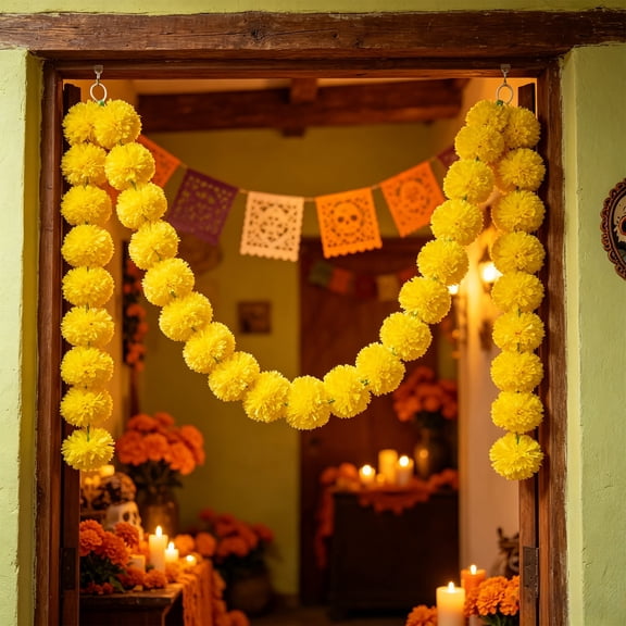 Marigold Garland, Day of the Dead Decorations, Diwali Decor, 59 in Artificial Flower Garland, Hanging Floral Decor for Party, Home, Doorway, Indoor Outdoor