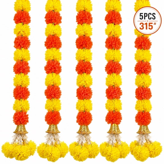 Marigold Garland Decoration, Artificial Mum Flower Garlands with Bells for Indian Festival, Christmas and Halloween Decor, 5 pack (Orange & Yellow)