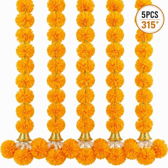 Marigold Garland Decoration, Artificial Mum Flower Garlands with Bells for Indian Festival, Christmas and Halloween Decor, 5 Pack (Orange)