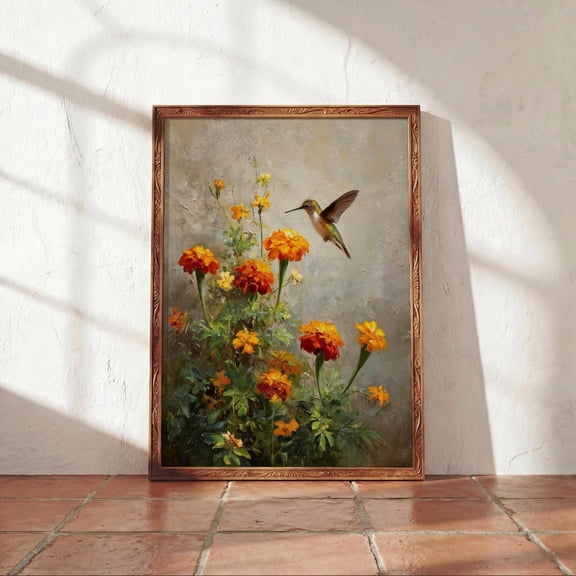 Marigold Hummingbird Mexican Floral Garden Monarch Inspired Wall Decor Unframed Paper Print