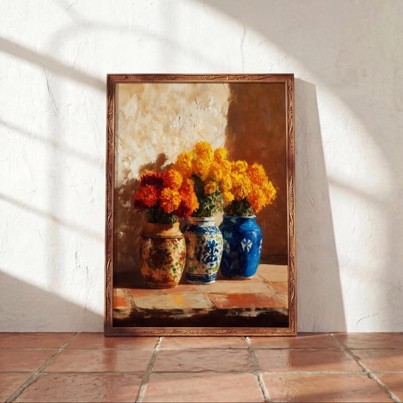 Marigold Talavera Vase Floral Mexican Flower Cempasuchil Still Life Art Unframed Paper Print
