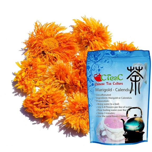 Marigold Tea, Calendula Tea, decaffeinated, golden yellow flower parts with a mild, fresh scent, enjoy nature's refreshment, loose leaf tea - 8oz