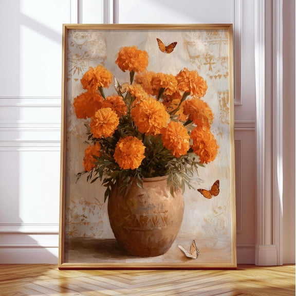 Marigold Wall Art Monarch Butterfly Dia de los Muertos Altar Decor, Unframed Poster