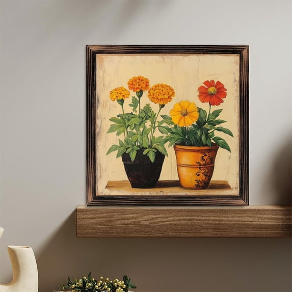 Marigolds Pots Orange Yellow Blooms Wooden Sign Wall Plaque - Vintage Art Decoration, Wall Decoration - Ideal Gift For Home Decoration, Living Room, Bathroom, Bedroom, Garden, Dining, Bar, Cafe, Fe