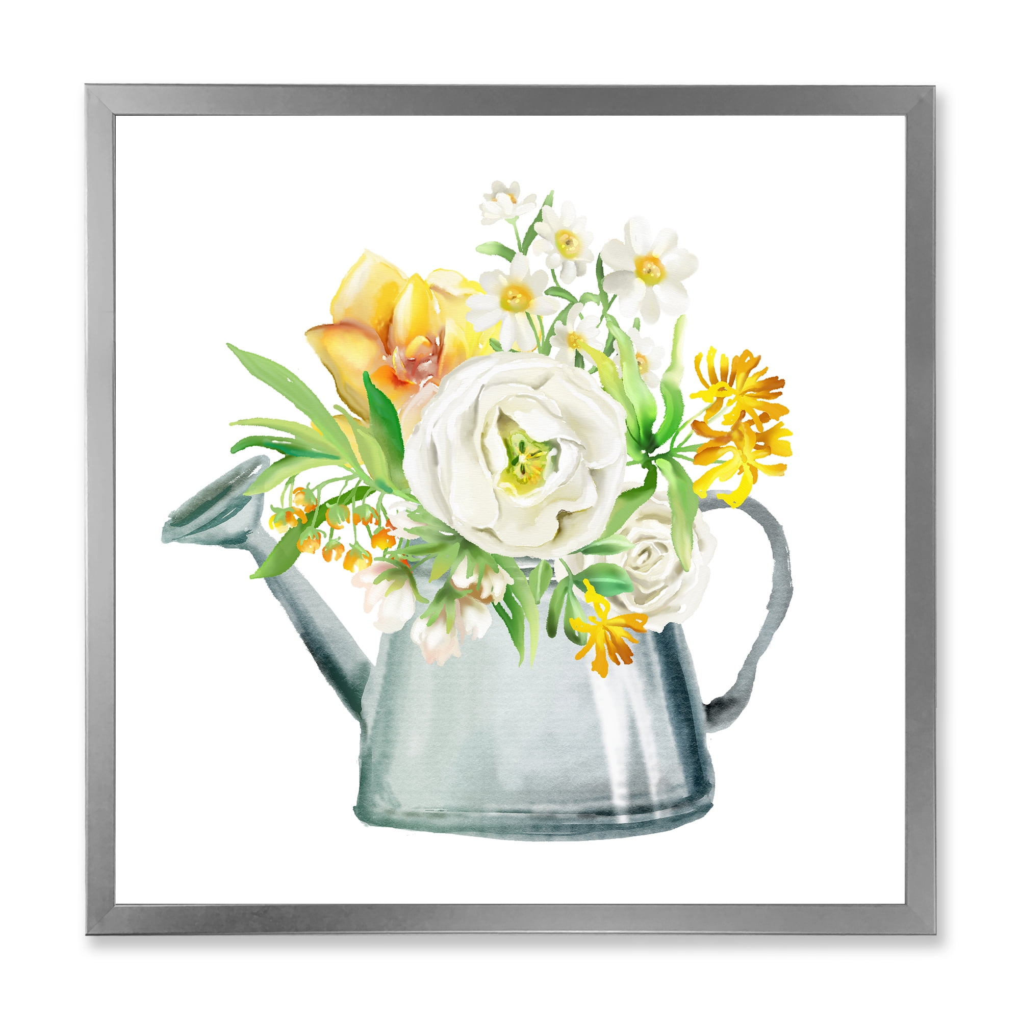 Marigolds Roses and Peonies In Garden Watering Can 16 in x 16 in Framed Painting Canvas Art Print, by Designart