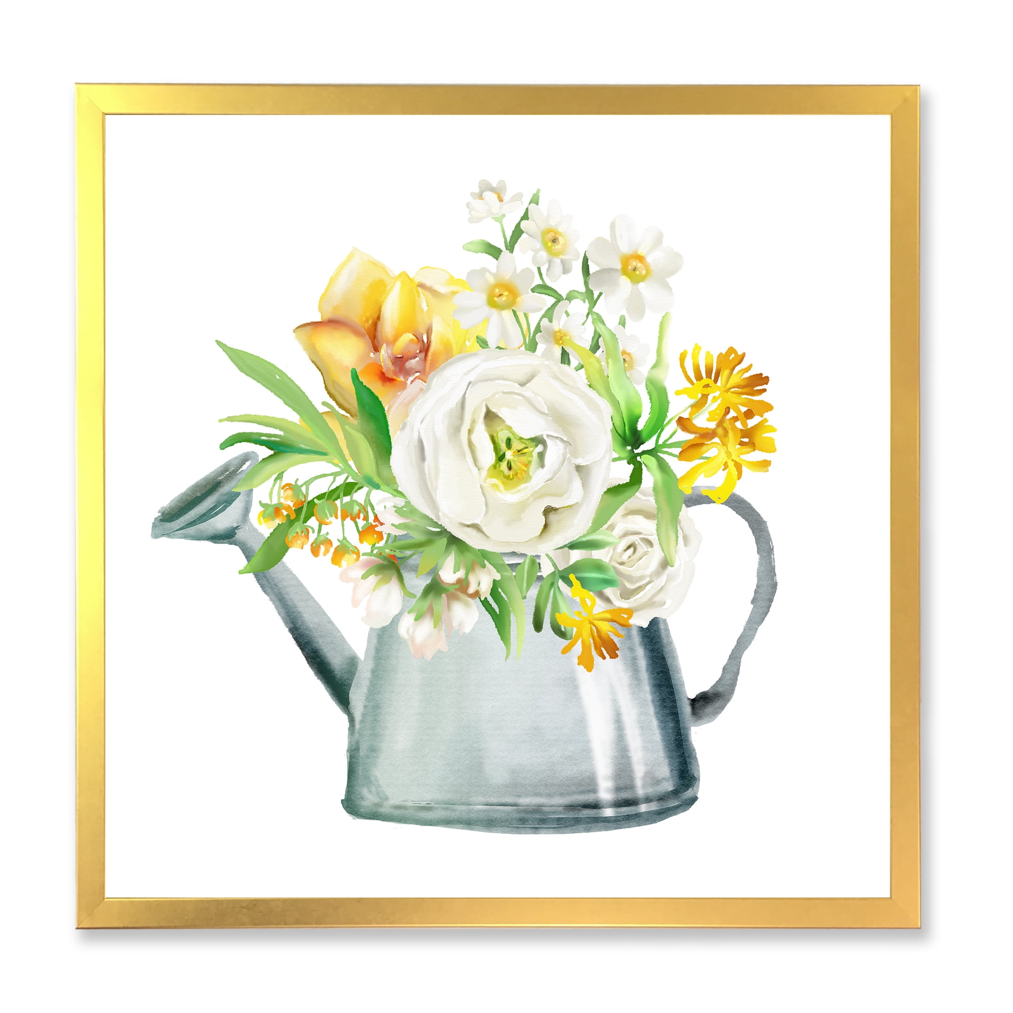 Marigolds Roses and Peonies In Garden Watering Can 36 in x 36 in Framed Painting Canvas Art Print, by Designart