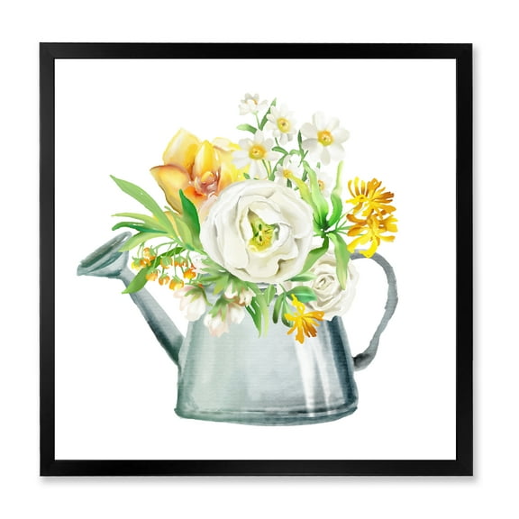 Marigolds Roses and Peonies In Garden Watering Can 36 in x 36 in Framed Painting Canvas Art Print, by Designart