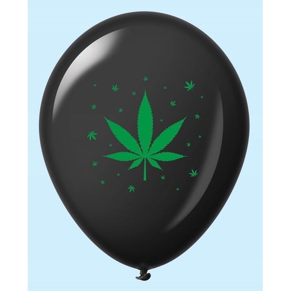 Hemp Pot Latex Balloons 11" Black with Green Leaves Print Package of 12