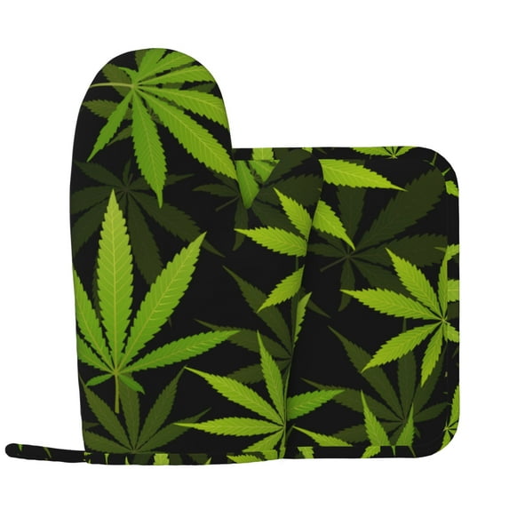 Marijuana Leaf (19) Oven gloves, pot clamp set, anti slip cooking gloves, kitchen gloves, microwave grill, washable and heat-resistant left hand oven gloves
