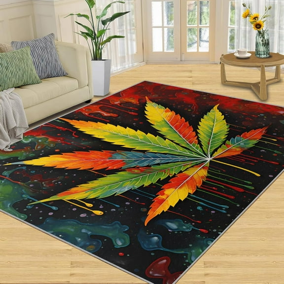 Marijuana Leaf Area Rug Cool Weed Bedroom Rug Cannabis Living Room Rug, Machine Washable Carpet For Front Entrance Floor Decor 5x6ft
