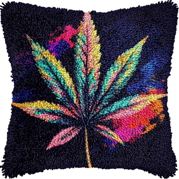 Marijuana Leaf Colorful Latch Hook kits Pillow Pre-printed Cushion Crochet Yarn Needlework DIY Hook Latch Kit Pillowcase Rug Cover Home Sofa Christmas Decoration 43x43cm(4)