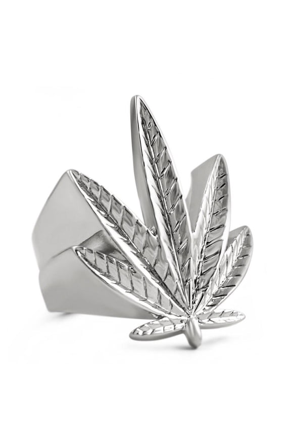 Marijuana Leaf Pot 420 Stoners Rhodium Ring