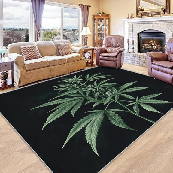 Marijuana Leaf Rug Washable Weed Cannabis Leaves Rugs For Living Room Bedroom, Green Plant Area Rug For Home Decor, Non Slip Backing Floor Carpet 1x2ft