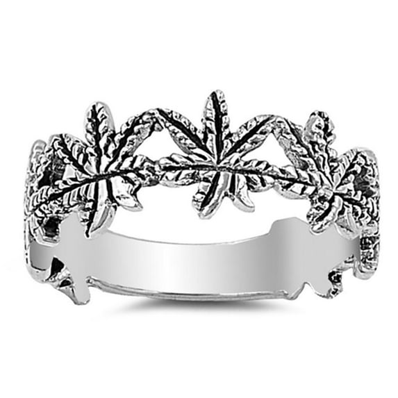 Marijuana Leaf Weed Ring .925 Sterling Silver Plant of Longevity Band Jewelry Female Male Size 7