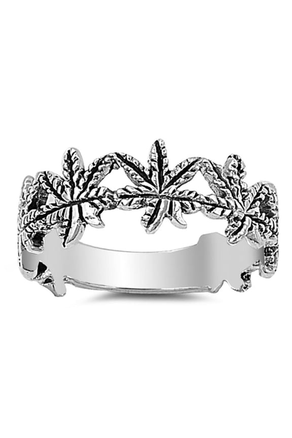 Marijuana Leaf Weed Ring .925 Sterling Silver Plant of Longevity Band Jewelry Female Male Size 7