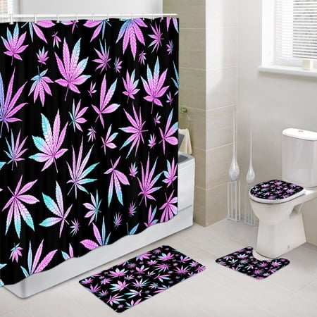 Marijuana Leaf Weed Shower Curtain and Bath Rug Set, Cannabis Leaf, Bathroom Mat Set with Bath Rug Mat, Contour Mat and Toilet Lid Cover