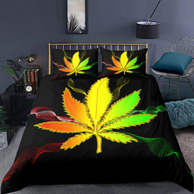 Marijuana Weed Leaf Duvet Cover Set Cannabis Leaves Bedding Set