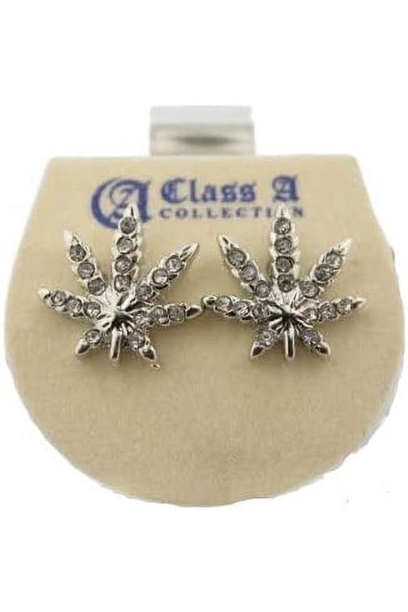 Marijuana Weed Leaf Silver Tone CZ Stud Hip Hop Bling Earrings