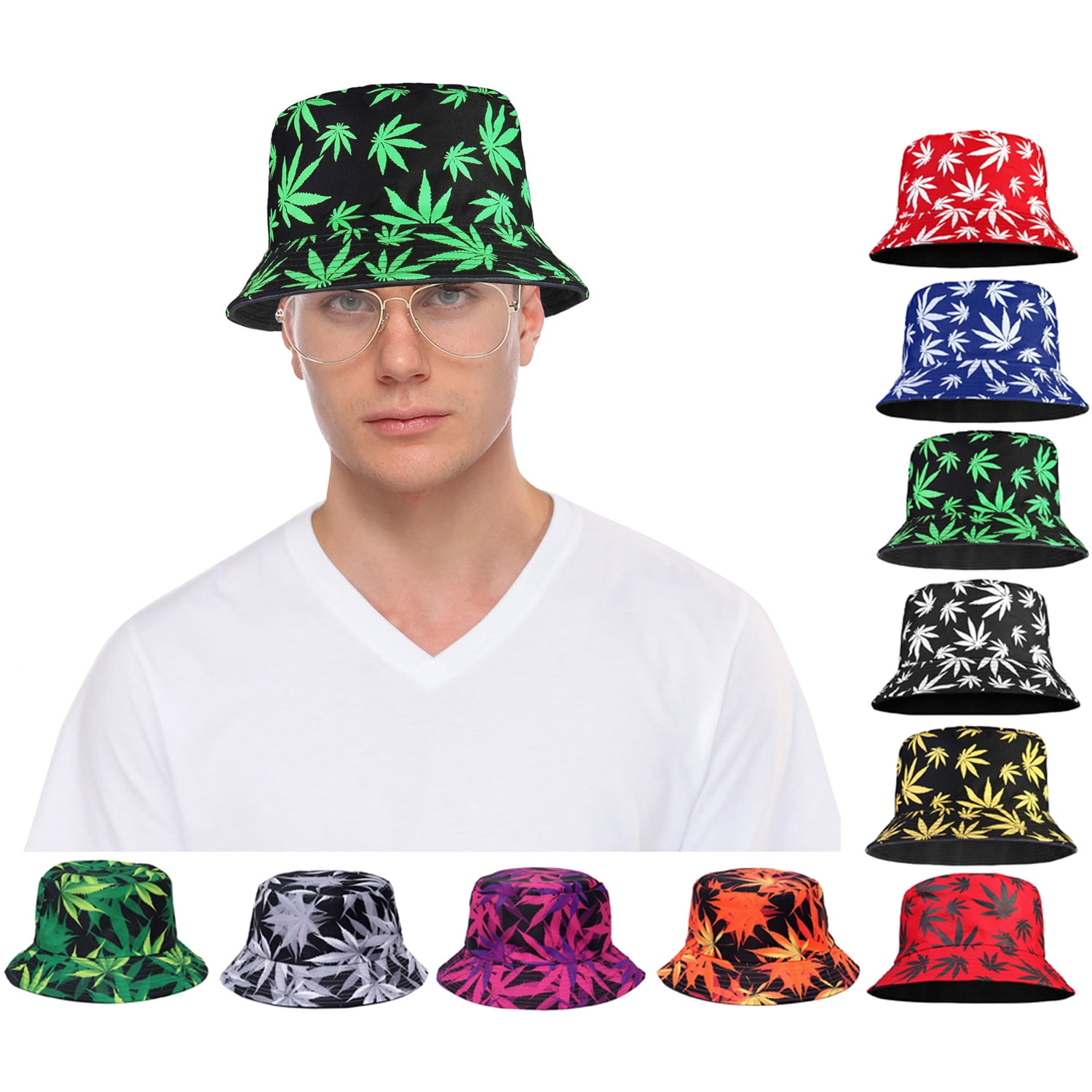 Marijuanas Leaf Pattern Designed Men Women Unisex Packable Foldable Summer  Travel Beach Outdoor Fishing Bucket Hat Black/Green