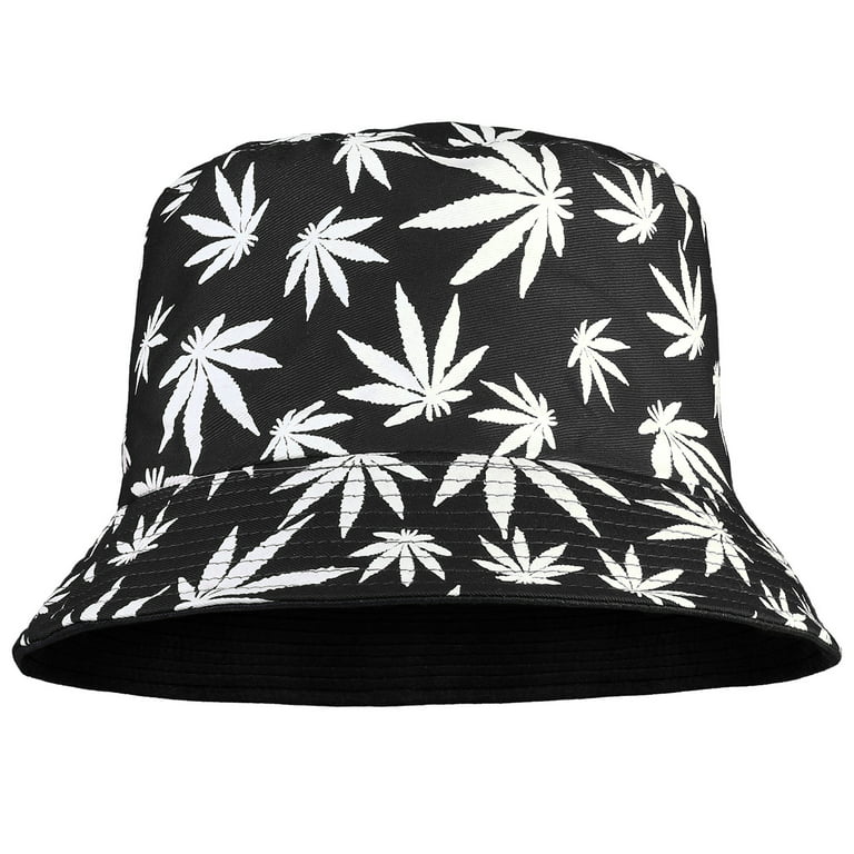 Marijuanas Leaf Pattern Designed Men Women Unisex Packable Foldable Summer  Travel Beach Outdoor Fishing Bucket Hat Black/White 