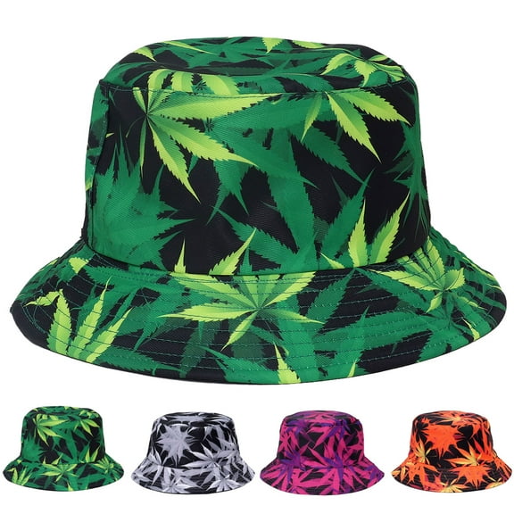Marijuanas Leaf Pattern Designed Men Women Unisex Packable Foldable Summer Travel Beach Outdoor Fishing Bucket Hat Green