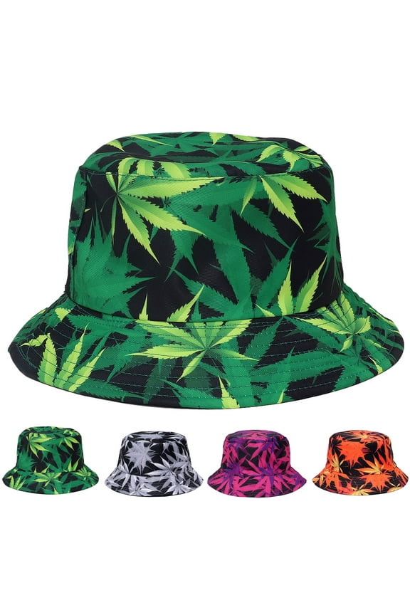 Marijuanas Leaf Pattern Designed Men Women Unisex Packable Foldable Summer Travel Beach Outdoor Fishing Bucket Hat Green