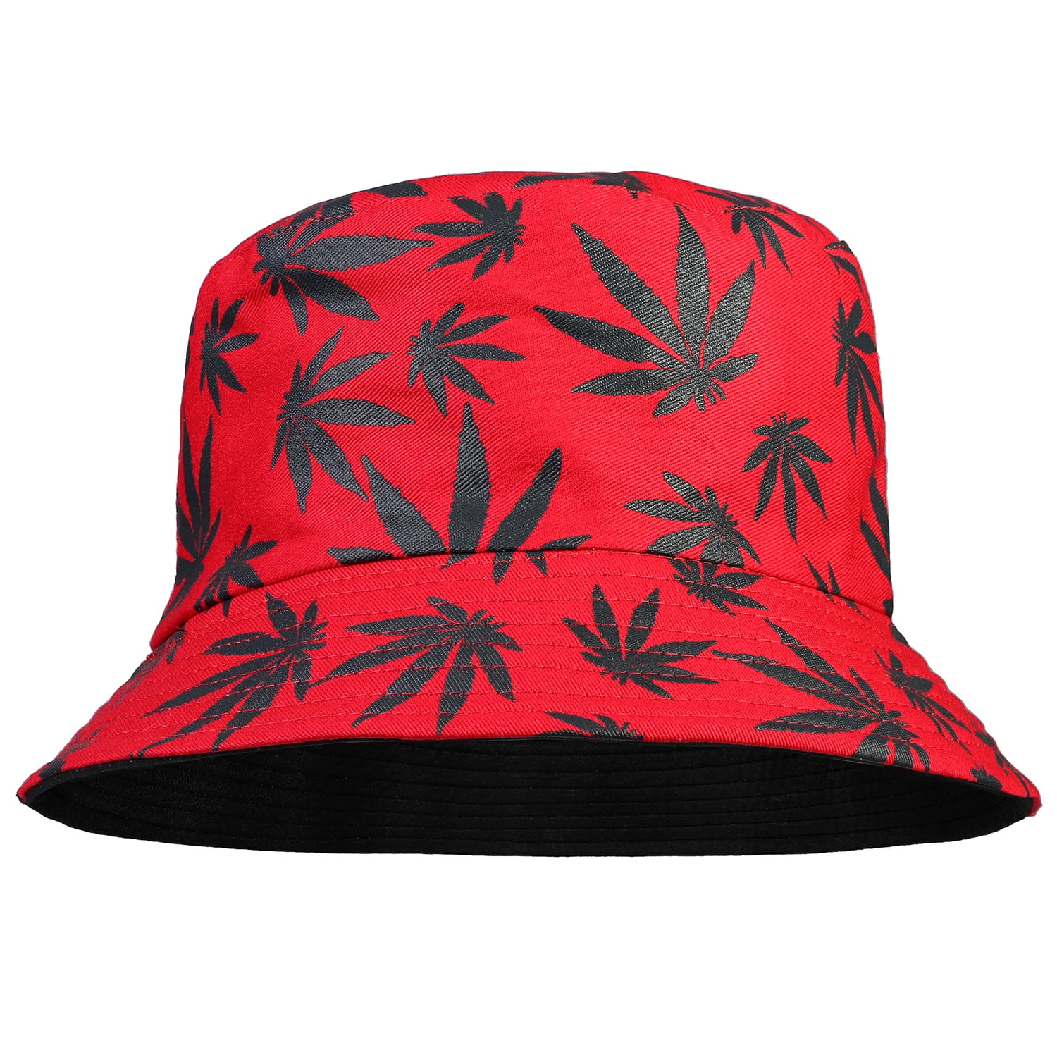 Marijuanas Leaf Pattern Designed Men Women Unisex Packable Foldable Summer  Travel Beach Outdoor Fishing Bucket Hat Red/Black 